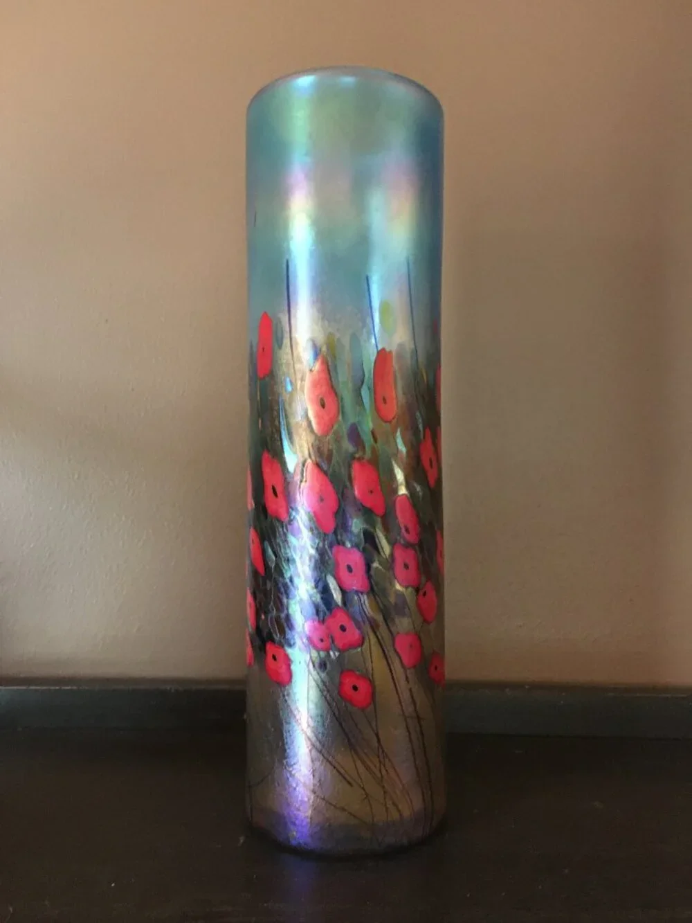 VTG 1990s Robert Held California Poppy Art Glass Cylinder Vase - Made in Canada - Picture 1 of 16